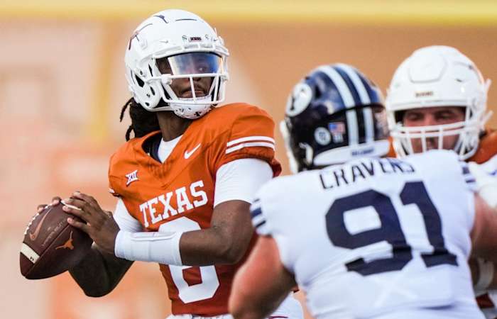 Texas quarterback Maalik Murphy (6) winds up to fire a pass in the fourth quarter of the Longhorns' game against the BYU Cougars at Darrell K Royal-Texas Memorial Stadium