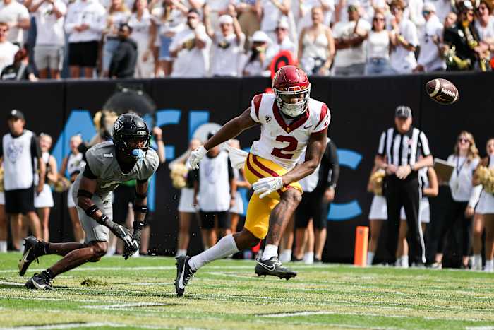 Colorado Buffaloes cornerback Cormani McClain (1) breaks up a pass intended for USC Trojans wide receiver Brenden Rice (2) in the third quarter at Folsom Field