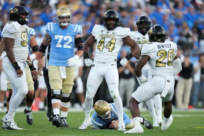 Colorado Buffaloes linebacker Jordan Domineck (44) celebrates after sacking UCLA Bruins quarterback Ethan Garbers (4) in the first half at Rose Bowl