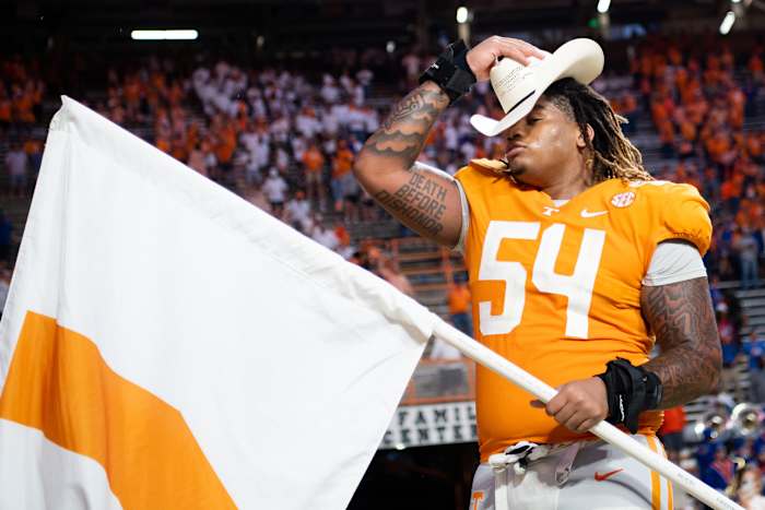 Tennessee Volunteers OT Gerald Mincey after a 2022 win over Florida. (Photo by Brianna Paciorka of the News Sentinel)