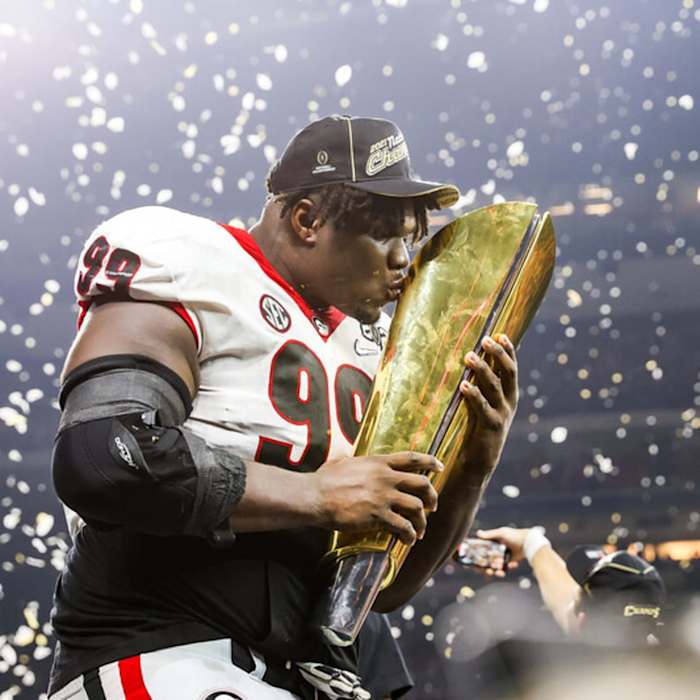 Georgia DL Jordan Davis celebrates after Georgia defeated Alabama on Jan.8, 2023 to win the CFP national championship.