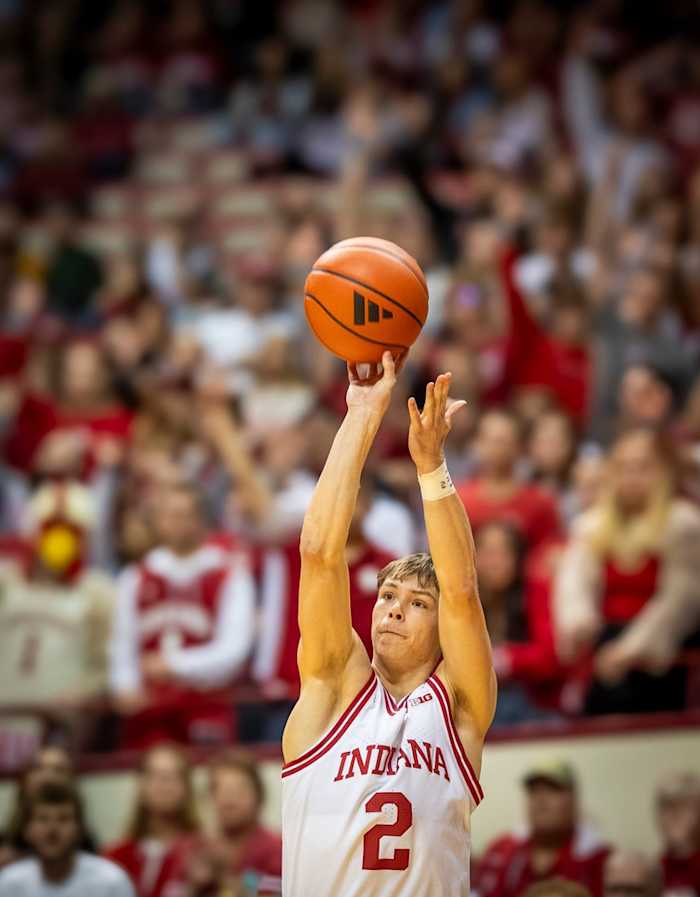 Indiana's Gabe Cupps (2) shoots during the Indiana versus University of Indianapolis men's basketball game at Simon Skjodt Assembly Hall on Sunday, Oct. 29, 2023.