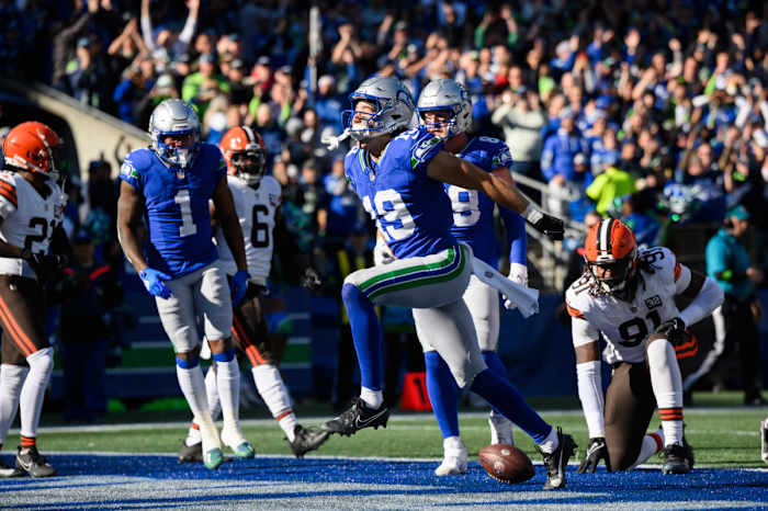 Seattle Seahawks receiver Jake Bobo (19) scores a touchdown against the Cleveland Browns.