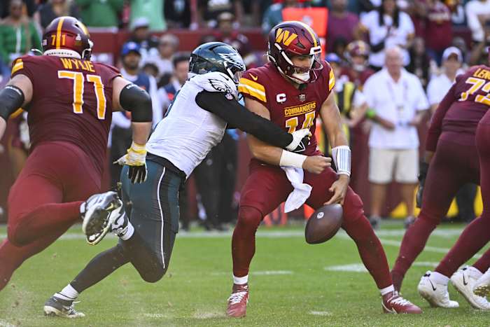 Haason Reddick sacks Washington Commanders Sam Howell in Week 8, a game won by the Philadelphia Eagles, 38-31