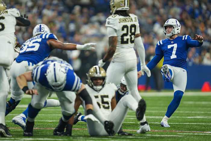 Indianapolis Colts place kicker Matt Gay (7) kicks a successful field goal against the New Orleans Saints on Sunday, Oct. 29, 2023, at Lucas Oil Stadium in Indianapolis.  