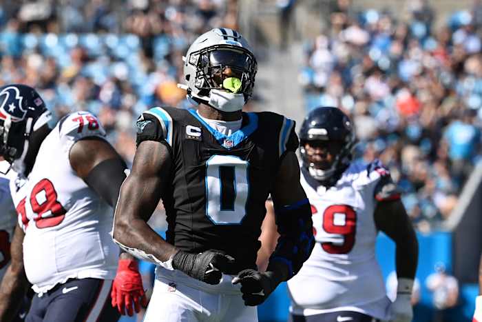 Carolina Panthers linebacker Brian Burns (0) react after a sack in the second quarter at Bank of America Stadium.