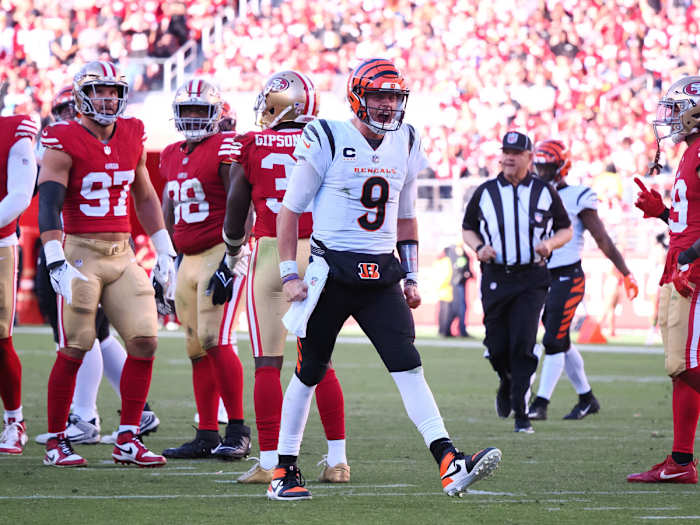 Oct 29, 2023; Santa Clara, California, USA; Cincinnati Bengals quarterback Joe Burrow (9) reacts after making a play against the San Francisco 49ers during the fourth quarter at Levi's Stadium. Mandatory Credit: Kelley L Cox-USA TODAY Sports