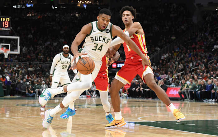 October 29, 2023; Milwaukee Bucks forward Giannis Antetokounmpo drives to the basket against Atlanta Hawks at Fiserv Forum
