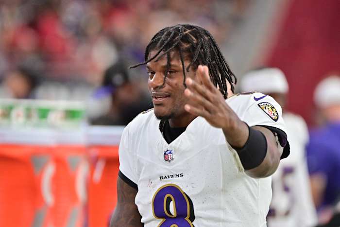 Oct 29, 2023; Glendale, Arizona, USA; Baltimore Ravens quarterback Lamar Jackson (8) reacts in the second half against the Arizona Cardinals at State Farm Stadium. Mandatory Credit: Matt Kartozian-USA TODAY Sports