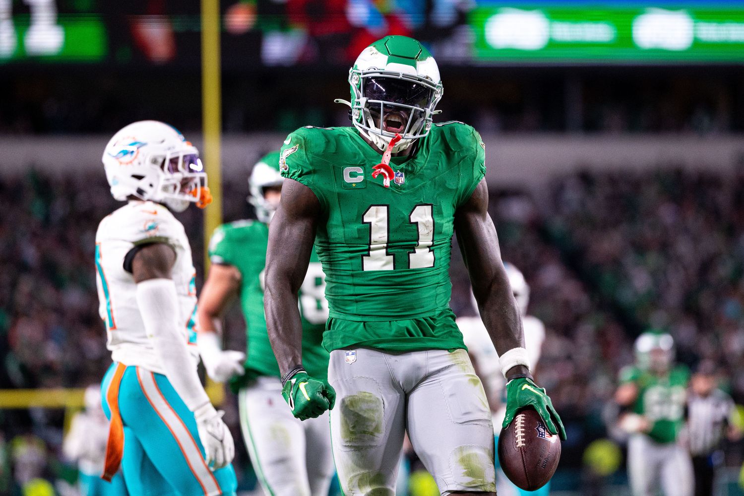 Philadelphia Eagles wide receiver A.J. Brown (11) reacts after a first down catch against the Miami Dolphins during the fourth quarter at Lincoln Financial Field.