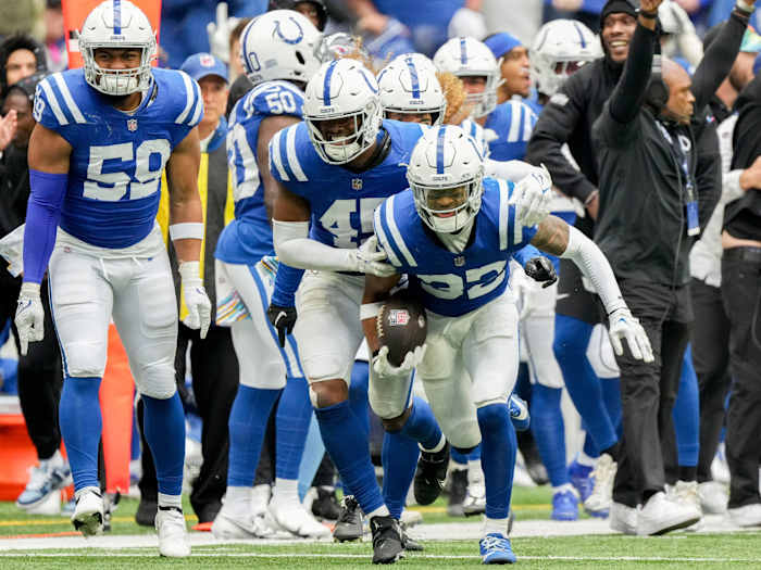 Indianapolis Colts linebacker E.J. Speed (45) celebrates with Indianapolis Colts safety Julian Blackmon (32) after he made an interception to end the game Sunday, Oct. 8, 2023, during a game against the Tennessee Titans at Lucas Oil Stadium in Indianapolis.