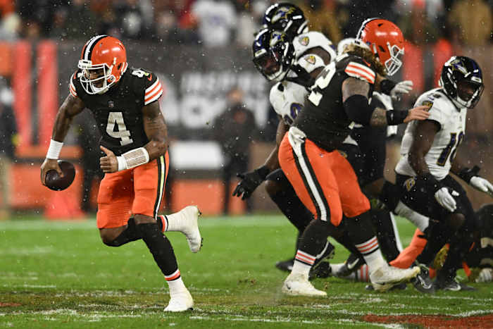 Dec 17, 2022; Cleveland, Ohio, USA; Cleveland Browns quarterback Deshaun Watson (4) runs with the ball during the second half against the Baltimore Ravens at FirstEnergy Stadium.