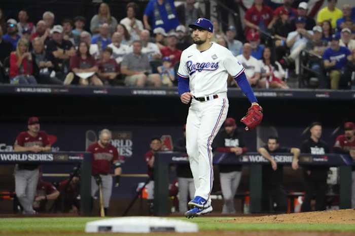 Oct 27, 2023; Arlington, TX, USA; Texas Rangers starting pitcher Nathan Eovaldi (17) reacts after a strikeout to end the top of the second inning against the Arizona Diamondbacks in game one of the 2023 World Series at Globe Life Field. Mandatory Credit: Rob Schumacher-Arizona Republic