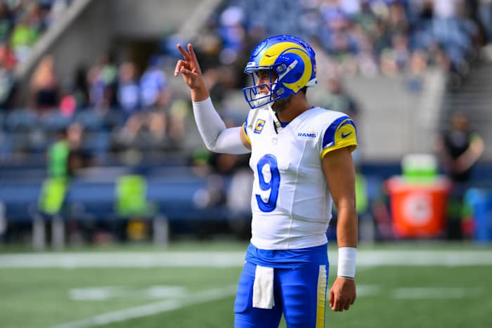 Los Angeles Rams quarterback Matthew Stafford models the teams white jerseys.