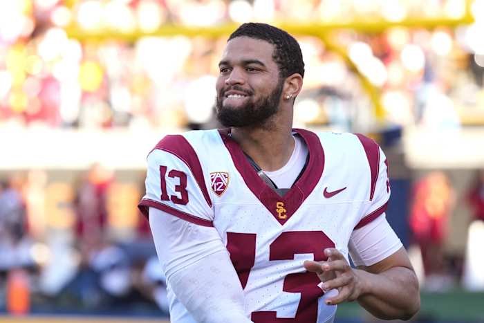 Oct 28, 2023; Berkeley, California, USA; USC Trojans quarterback Caleb Williams (13) warms up during the fourth quarter against the California Golden Bears at California Memorial Stadium.