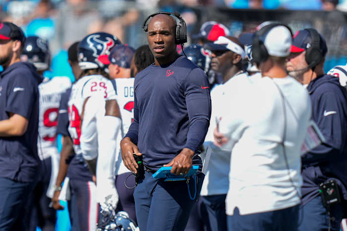 Texans Head Coach DeMeco Ryans during the first quarter against the Carolina Panthers at Bank of America Stadium.