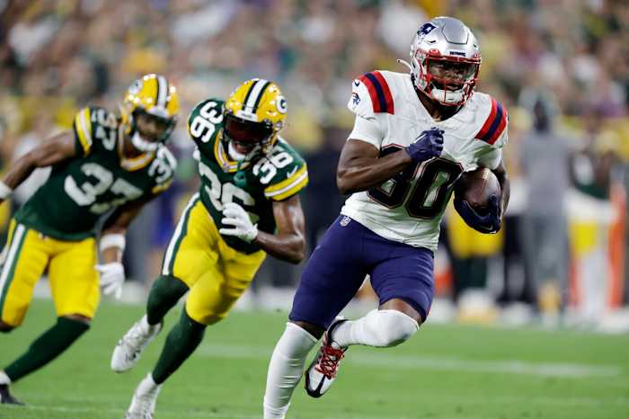 New England Patriots wide receiver Kayshon Boutte (80) runs on a touchdown pass against the Green Bay Packers.