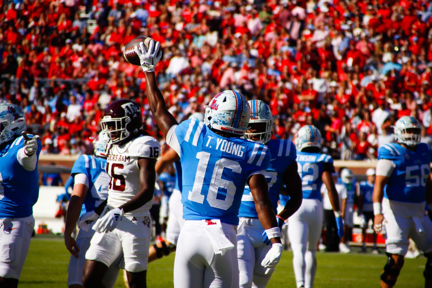 Ole Miss Rebels defensive back Teja Young celebrates on the field vs. the Texas A&M Aggies (2023).