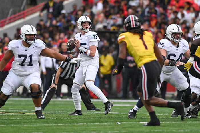 Penn State quarterback Drew Allar drops back to pass against Maryland at SECU Stadium in College Park, Maryland.