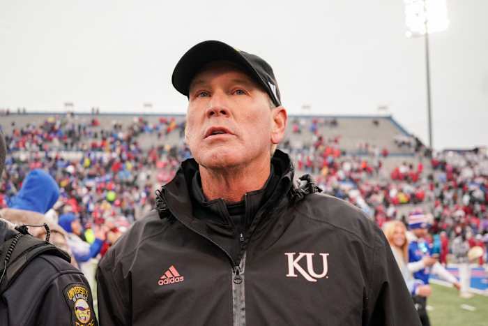 Oct 28, 2023; Lawrence, Kansas, USA; Kansas Jayhawks head coach Lance Leipold walks on the field after the win over the Oklahoma Sooners at David Booth Kansas Memorial Stadium. 