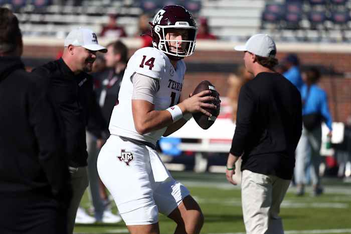 Texas A&M Aggies Max Johnson warms up at Vaught-Hemingway Stadium prior to taking on the Ole Miss Rebels in Oxford, Miss.