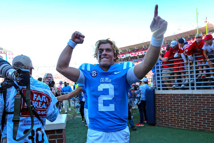 Nov 4, 2023; Oxford, Mississippi, USA; Mississippi Rebels quarterback Jaxson Dart (2) reacts as he walks off the field after defeating the Texas A&M Aggies at Vaught-Hemingway Stadium. Mandatory Credit: Petre Thomas-USA TODAY Sports