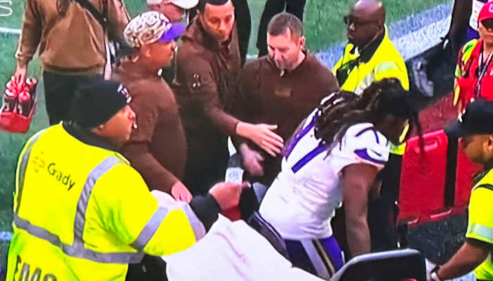 Minnesota Vikings receiver KJ Osborn gets onto the cart after an injury vs. the Atlanta Falcons.