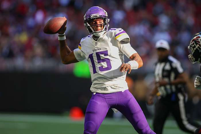 Nov 5, 2023; Atlanta, Georgia, USA; Minnesota Vikings quarterback Joshua Dobbs (15) throws a pass against the Atlanta Falcons in the second half at Mercedes-Benz Stadium