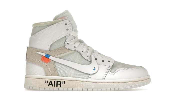 Side view of a yellow and white Air Jordan sneaker.