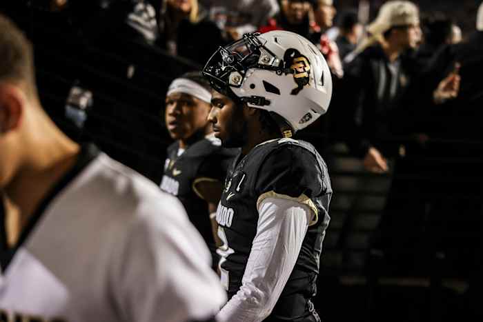 Colorado Buffaloes quarterback Shedeur Sanders (2) walks off the field during the game against the Oregon State Beavers at Folsom Field
