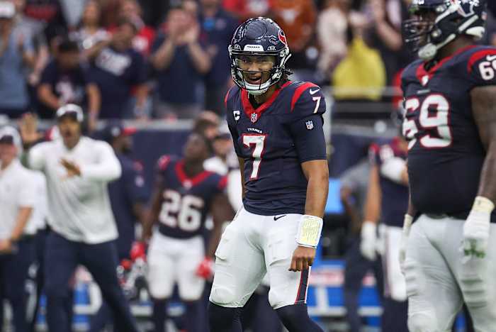 Texans quarterback C.J. Stroud reacts after a play during the fourth quarter against the Tampa Bay Buccaneers at NRG Stadium.