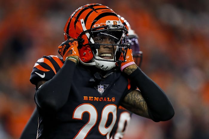 Nov 5, 2023; Cincinnati, Ohio, USA; Cincinnati Bengals cornerback Cam Taylor-Britt (29) reacts after intercepting the ball against the Buffalo Bills in the first half at Paycor Stadium. Mandatory Credit: Katie Stratman-USA TODAY Sports