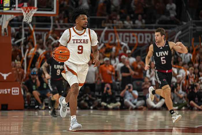 Texas Longhorns guard Ithiel Horton (9) dribbles the ball towards the University of the Incarnate Word basket during the mens basketball game at the Moody Center on Monday, Nov. 6, 2023 in Austin