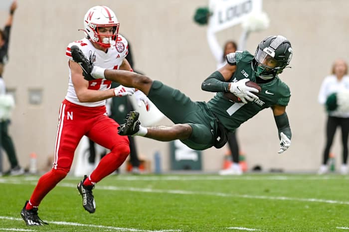 Jaden Mangham interception 2023 Michigan State vs Nebraska football USATSI_21816019