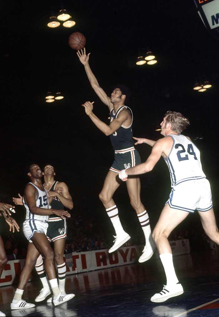 Milwaukee Bucks center Lew Alcindor later known as Kareem Abdul-Jabbar in action against the Cincinnati Royals