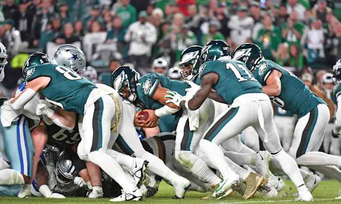 Jalen Hurts is tied for second in the NFL in rushing touchdowns with 11 on the season.