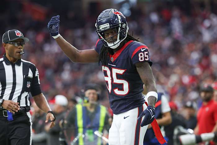 Nov 5, 2023; Houston, Texas, USA; Houston Texans wide receiver Noah Brown (85) reacts after making a reception during the fourth quarter against the Tampa Bay Buccaneers at NRG Stadium. Mandatory Credit: Troy Taormina-USA TODAY Sports