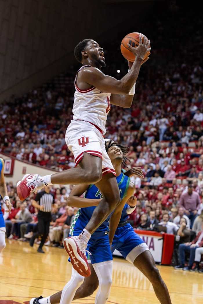 Indiana Hoosiers guard Xavier Johnson (0) shoots against Florida Gulf Coast Eagles guard Dallion Johnson.