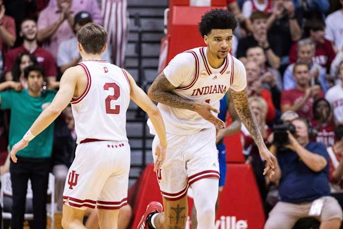 Indiana Hoosiers center Kel'el Ware (1) celebrates a basket with guard Gabe Cupps (2) in the second half against the Florida Gulf Coast Eagles at Simon Skjodt Assembly Hall.