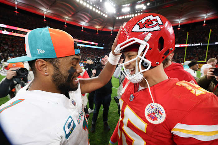 Kansas City Chiefs quarterback Patrick Mahomes greets Miami Dolphins quarterback Tua Tagovailoa after an NFL International Series game at Deutsche Bank Park.