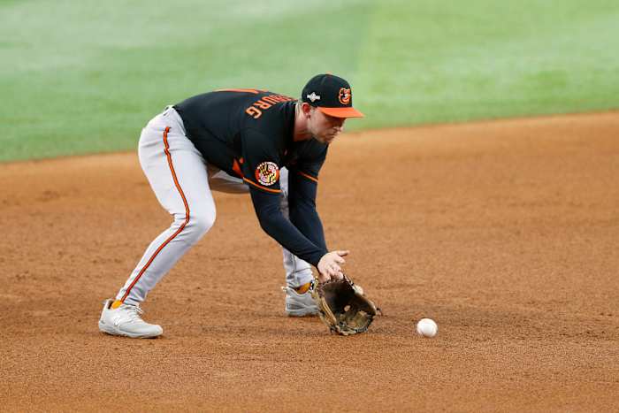 Baltimore Orioles second baseman Jordan Westburg fields a ground ball in the fourth inning against the Texas Rangers during game three of the ALDS. (2023)