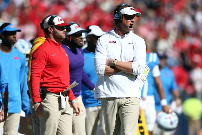 Nov 4, 2023; Oxford, Mississippi, USA; Mississippi Rebels head coach Lane Kiffin looks on during the first half against the Texas A&M Aggies at Vaught-Hemingway Stadium. Mandatory Credit: Petre Thomas-USA TODAY Sports