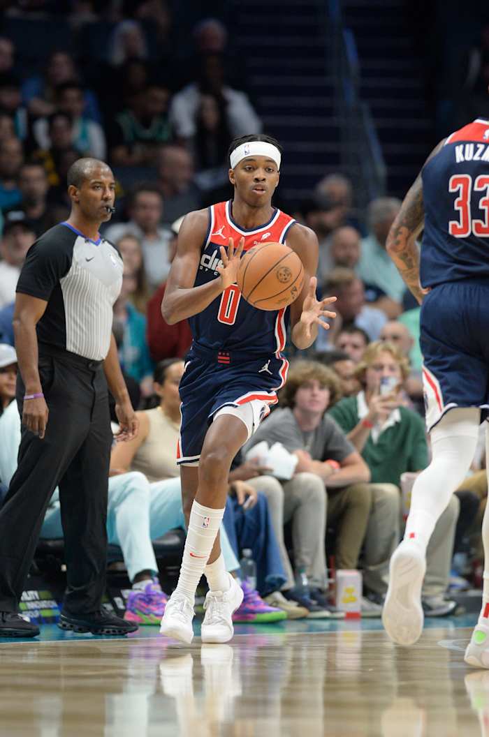 Washington Wizards forward Bilal Coulibaly (0) catches a pass during the first half against the Charlotte Hornets at the Spectrum Center.