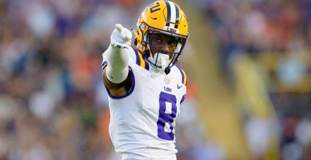 LSU Tigers wide receiver Malik Nabers after catching a pass during a college football game in the SEC.