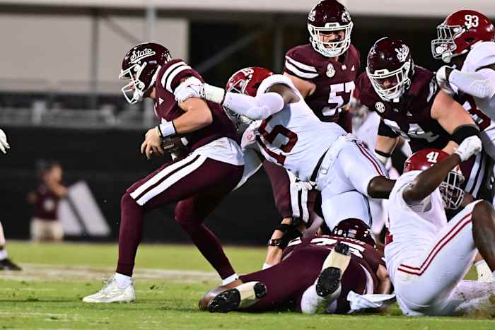 Sep 30, 2023; Starkville, Mississippi, USA; Mississippi State Bulldogs quarterback Will Rogers (2) is sacked by Alabama Crimson Tide linebacker Dallas Turner (15) during the second half at Davis Wade Stadium at Scott Field.