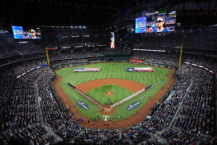 A view of Globe Life Field during the national anthem before Game 1 of the World Series.