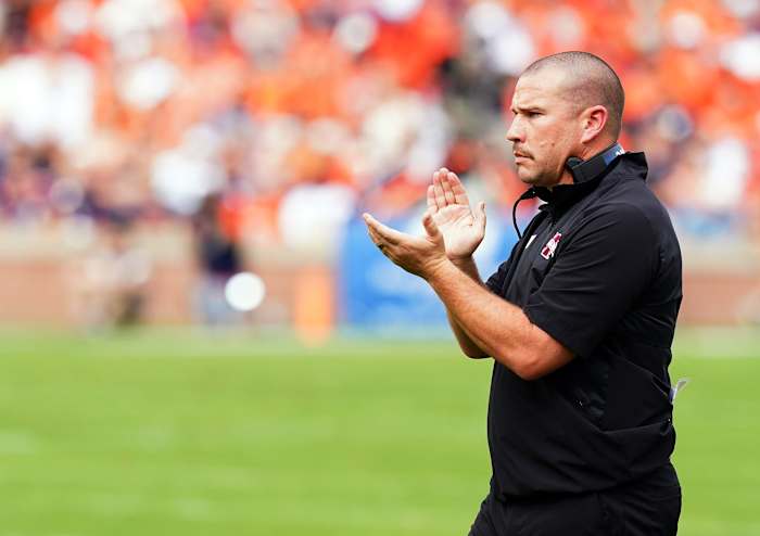 Oct 28, 2023; Auburn, Alabama, USA; Mississippi State Bulldogs head coach Zach Arnett cheers on his players against the Auburn Tigers during the first quarter at Jordan-Hare Stadium.
