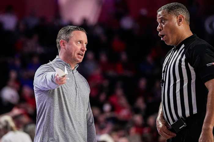 Feb 28, 2023; Athens, Georgia, USA; Georgia Bulldogs head coach Mike White reacts to an official during the game against the Florida Gators during the first half at Stegeman Coliseum. Mandatory Credit: Dale Zanine-USA TODAY Sports