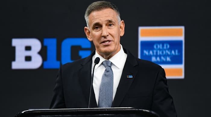 Big Ten commissioner Tony Petitti speaks to reporters at media day.