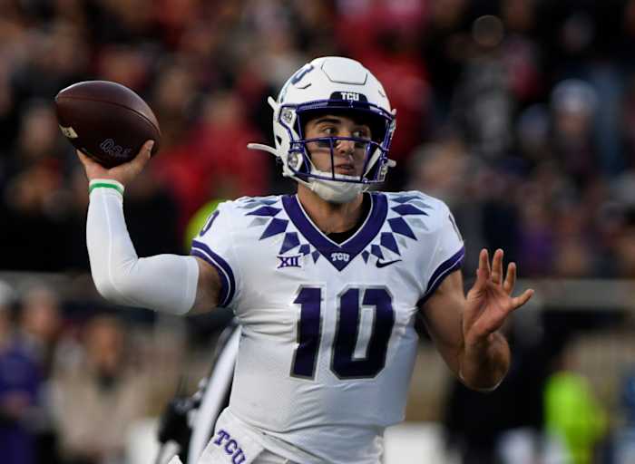 TCU's quarterback Josh Hoover (10) prepares to throw the ball against Texas Tech in a Big 12 football game, Thursday, Nov. 2, 2023, at Jones AT&T Stadium.